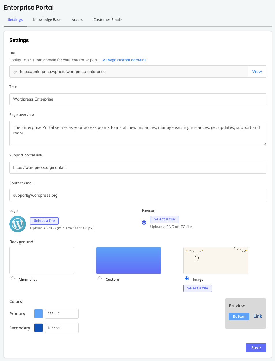 Enterprise Portal settings page